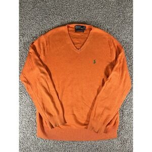 Polo Ralph Lauren Sweater Men Medium Orange Pima Cotton V Neck Knit Lightweight
